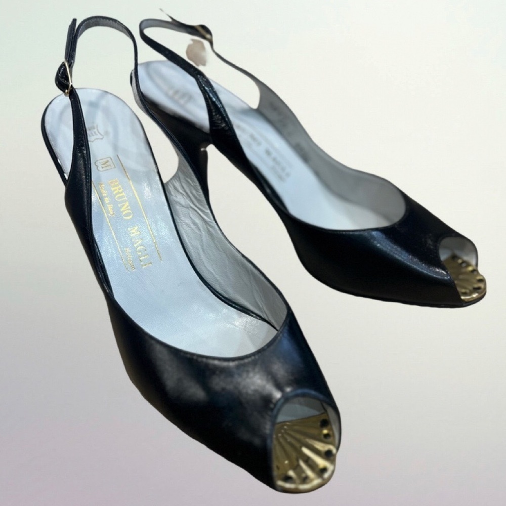 BRUNO MAGLI black leather peep toe sling shoes with gold accent on the toe - Picture 2 of 16